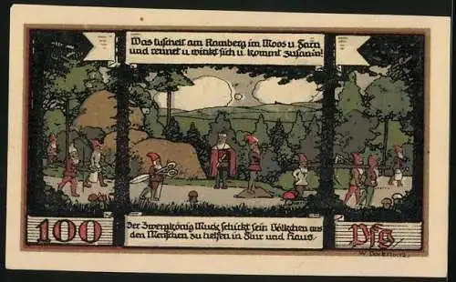 Notgeld Ballenstedt im Harz 1921, 100 Pfennig, Viktorshöhe, Zwergkönig Muck befehligt seine Untertanen