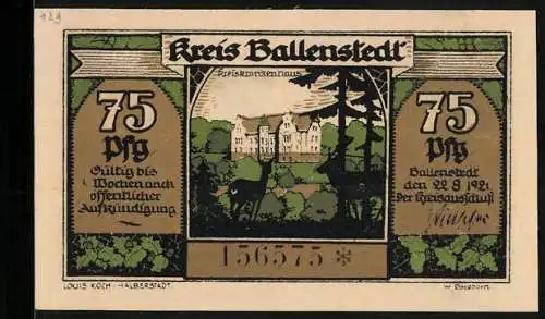 Notgeld Ballenstedt im Harz 1921, 75 Pfennig, Kreiskrankenhaus, Zwerge fällen Bäume