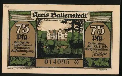 Notgeld Ballenstedt im Harz 1921, 75 Pfennig, Baumfällerzwerge, Kreiskrankenhaus