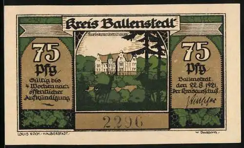 Notgeld Ballenstedt im Harz 1921, 75 Pfennig, Das Kreiskrankenhaus, Zwerge fällen Bäume