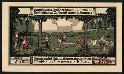 Notgeld Ballenstedt im Harz 1921, 75 Pfennig, Das Kreiskrankenhaus, Zwerge fällen Bäume