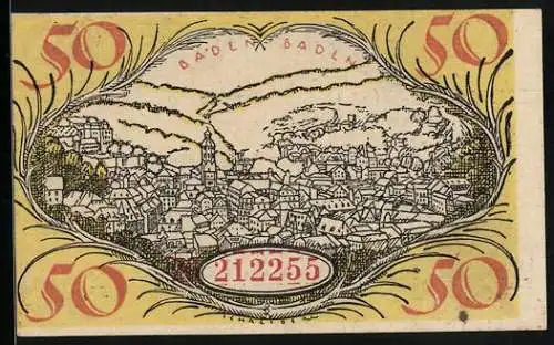 Notgeld Baden-Baden 1919, 50 Pfennig, Gesamtansicht aus der Vogelschau