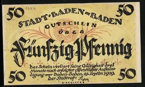 Notgeld Baden-Baden 1919, 50 Pfennig, Gesamtansicht vom Hügel aus