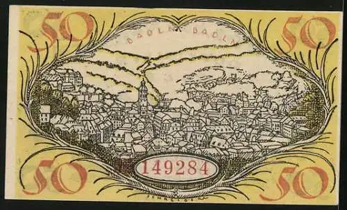 Notgeld Baden-Baden 1919, 50 Pfennig, Gesamtansicht vom Hügel aus