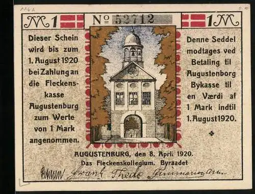 Notgeld Augustenburg 1920, 1 Mark, Partie am Fleckenskollegium