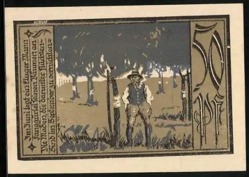 Notgeld Aschersleben 1921, 50 Pfennig, Mann legt Fanggürtel an seine Bäume