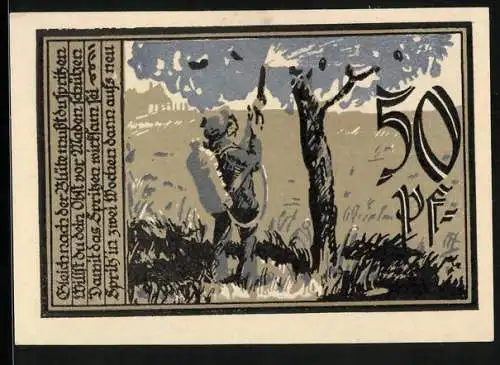 Notgeld Aschersleben 1921, 50 Pfennig, Mann spritzt Pestizid auf seinen Baum
