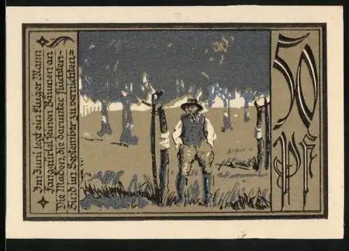 Notgeld Aschersleben 1921, 50 Pfennig, Mann neben seinem Baum mit Fanggürtel