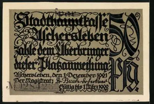 Notgeld Aschersleben 1921, 50 Pfennig, Mann neben seinem Baum mit Fanggürtel