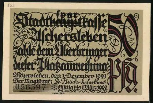 Notgeld Aschersleben 1921, 50 Pfennig, Belebte Szene am Markt