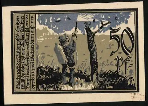 Notgeld Aschersleben 1921, 50 Pfennig, Mann besprüht einen Baum mit Pestiziden