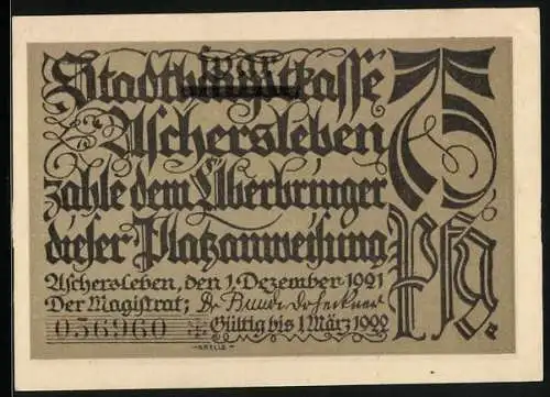 Notgeld Aschersleben 1921, 75 Pfennig, Getreide wird gebeizt