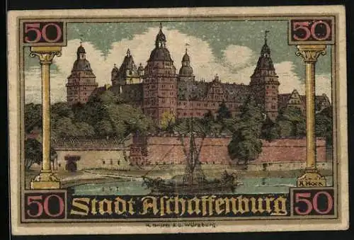 Notgeld Aschaffenburg, 50 Pfennig, Ortsansicht vom Fluss aus