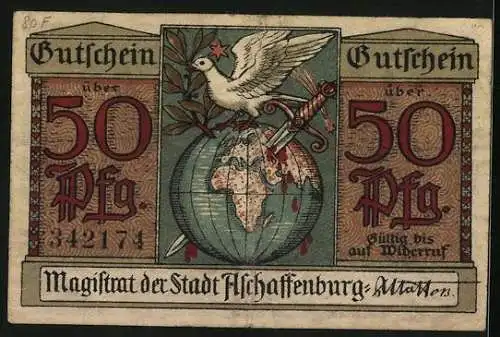 Notgeld Aschaffenburg, 50 Pfennig, Ortsansicht vom Fluss aus