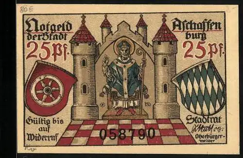 Notgeld Aschaffenburg, 25 Pfennig, Wappen, Hirsch und Specht im Wald