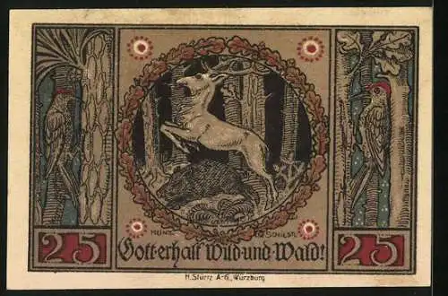 Notgeld Aschaffenburg, 25 Pfennig, Wappen, Hirsch und Specht im Wald