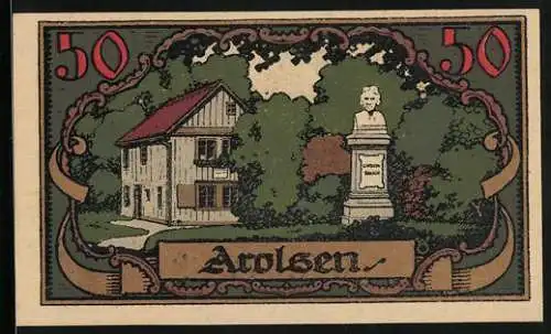 Notgeld Arolsen 1921, 50 Pfennig, Christian-Rauch Denkmal und ein Haus