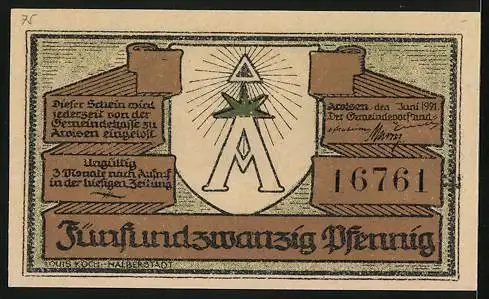 Notgeld Arolsen 1921, 25 Pfennig, Blick auf das Schloss