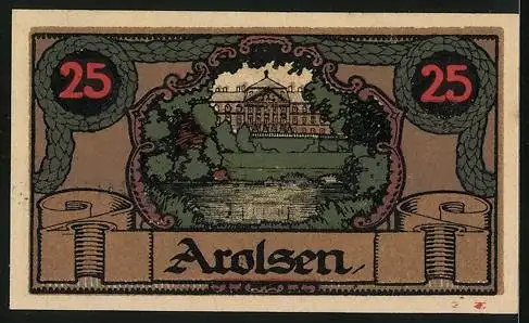 Notgeld Arolsen 1921, 25 Pfennig, Blick über den Teich aufs Schloss