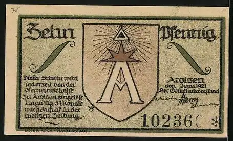 Notgeld Arolsen 1921, 10 Pfennig, Ortsansicht vom Wald aus