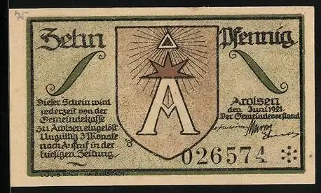 Notgeld Arolsen 1921, 10 Pfennig, Ortsansicht vom Waldrand
