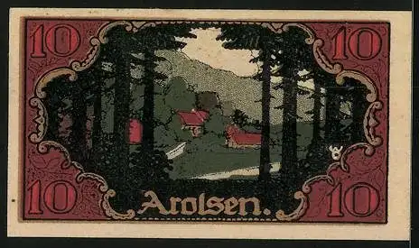 Notgeld Arolsen 1921, 10 Pfennig, Ortsansicht vom Waldrand