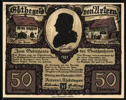 Notgeld Artern in Thüringen 1921, 50 Pfennig, Mann und Frau am Brunnen