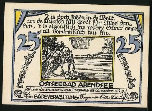 Notgeld Arendsee, 25 Pfennig, Seemann an der Küste blickt zum Schiff, alter Mann an der Küste