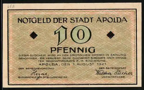 Notgeld Apolda 1921, 10 Pfennig, Notenausschnitt Klapperschlange