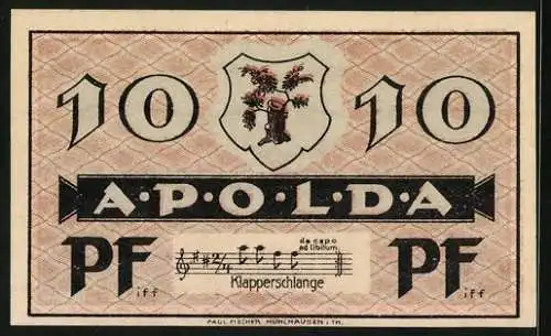 Notgeld Apolda 1921, 10 Pfennig, Notenausschnitt Klapperschlange
