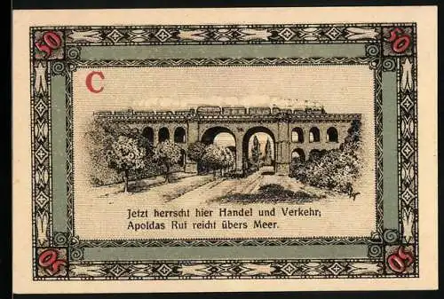 Notgeld Apolda 1921, 50 Pfennig, Eisenbahn auf einem Viadukt