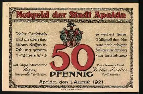 Notgeld Apolda 1921, 50 Pfennig, Eisenbahn auf einem Viadukt