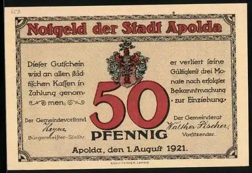 Notgeld Apolda 1921, 50 Pfennig, Blick auf das Schloss