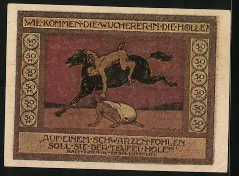 Notgeld Ansbach 1918, 50 Pfennig, Der Teufel auf schwarzem Fohlen holt einen Mann