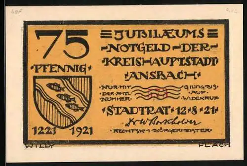 Notgeld Ansbach 1921, 75 Pfennig, Der erste Zoller