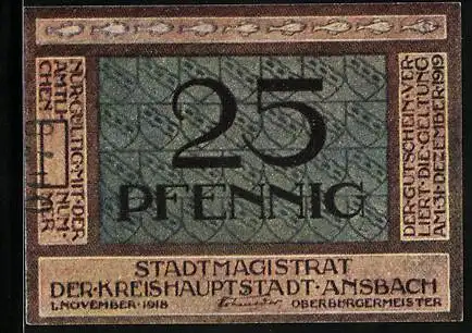 Notgeld Ansbach 1918, 25 Pfennig, Soldat in Uniform reitet auf weissem Schimmel in den Himmel