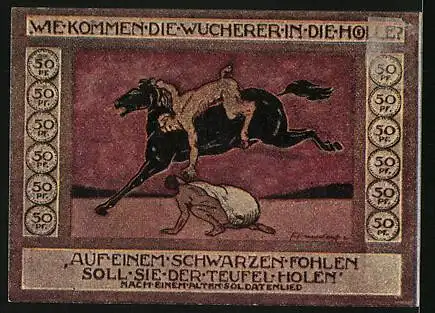 Notgeld Ansbach 1918, 50 Pfennig, auf schwarzem Fohlen kommt der Teufel den Mann holen