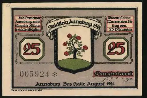 Notgeld Annaburg /Halle 1921, 25 Pfennig, Ortsansicht vom Waldrand