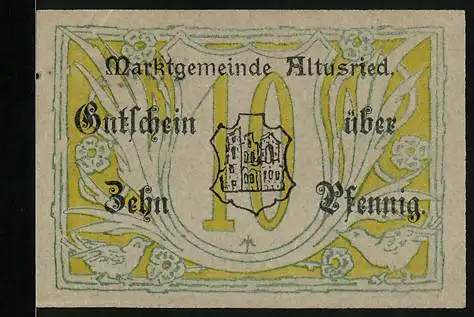 Notgeld Altusried, 10 Pfennig, Ortspartie, Wühlendes Schwein, Rüben