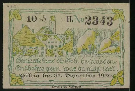 Notgeld Altusried, 10 Pfennig, Ortspartie, Wühlendes Schwein, Rüben