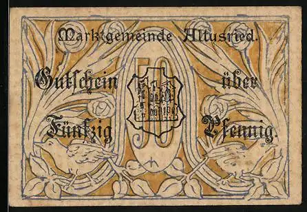 Notgeld Altusried, 50 Pfennig, Ortspartie, Wühlendes Schwein, Rüben