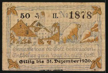 Notgeld Altusried, 50 Pfennig, Ortspartie, Wühlendes Schwein, Rüben