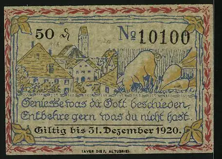 Notgeld Altusried, 50 Pfennig, Ortspartie, Wühlendes Schwein und Rüben