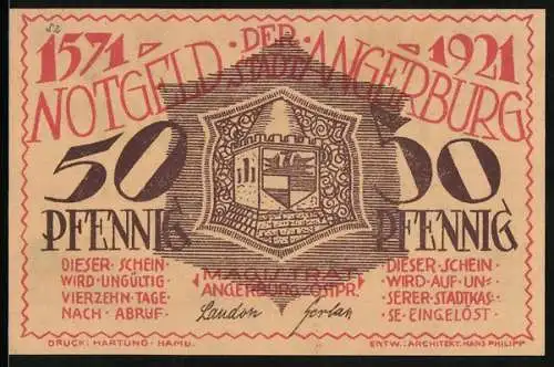 Notgeld Angerburg 1921, 50 Pfennig, Partie am alten Rathaus