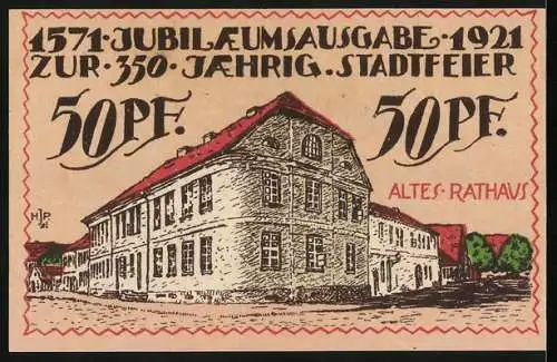 Notgeld Angerburg 1921, 50 Pfennig, Partie am alten Rathaus