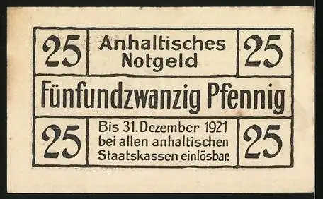 Notgeld Dessau 1920, 25 Pfennig, Gutschein der Anhaltischen Finanzdirektion