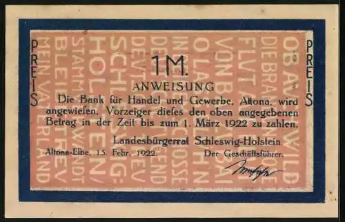 Notgeld Altona-Elbe 1922, 1 Mark, Eine Insel aus der Vogelschau