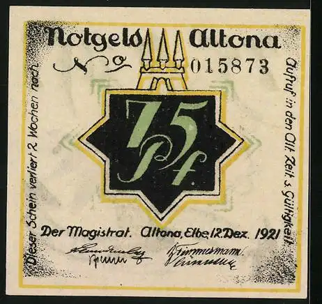 Notgeld Altona 1921, 75 Pfennig, Mann im Zylinder mit Notgeldscheinen
