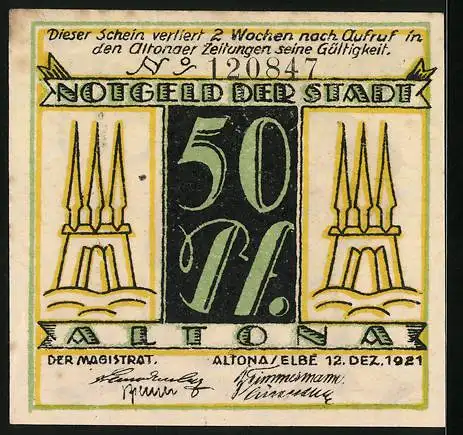 Notgeld Altona 1921, 50 Pfennig, Mann und Frau mit ihren Hunden