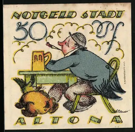 Notgeld Altona 1921, 50 Pfennig, rauchender Mann an einem Tisch mit Bier